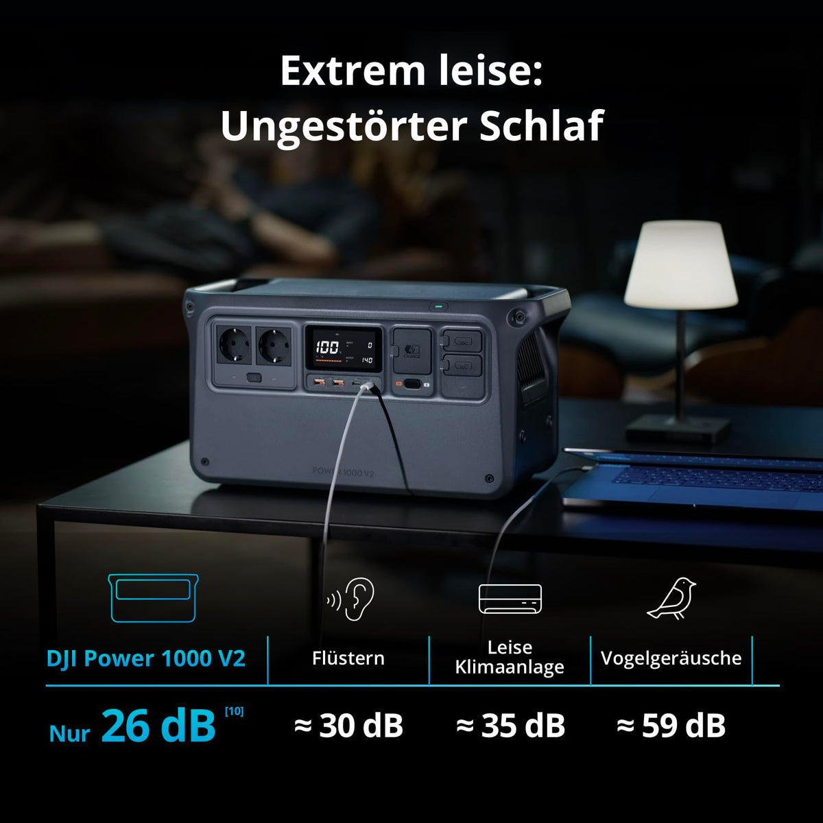 Tragbare Powerstation 1024 Wh LFP-Akku, 2600 W Ausgangsleistung, in 37 Min. auf 80%, 26 dB leise, Schwarz