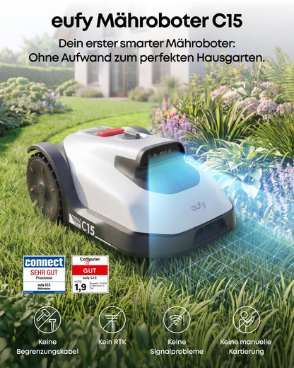 Maehroboter Set mit Garage ohne Begrenzungskabel fuer Rasenflaechen bis 500 m², KI-Kamera, 58 dB, Weiss