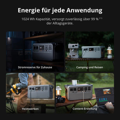 Tragbare Powerstation 1024 Wh LFP-Akku, 2600 W Ausgangsleistung, in 37 Min. auf 80%, 26 dB leise, Schwarz