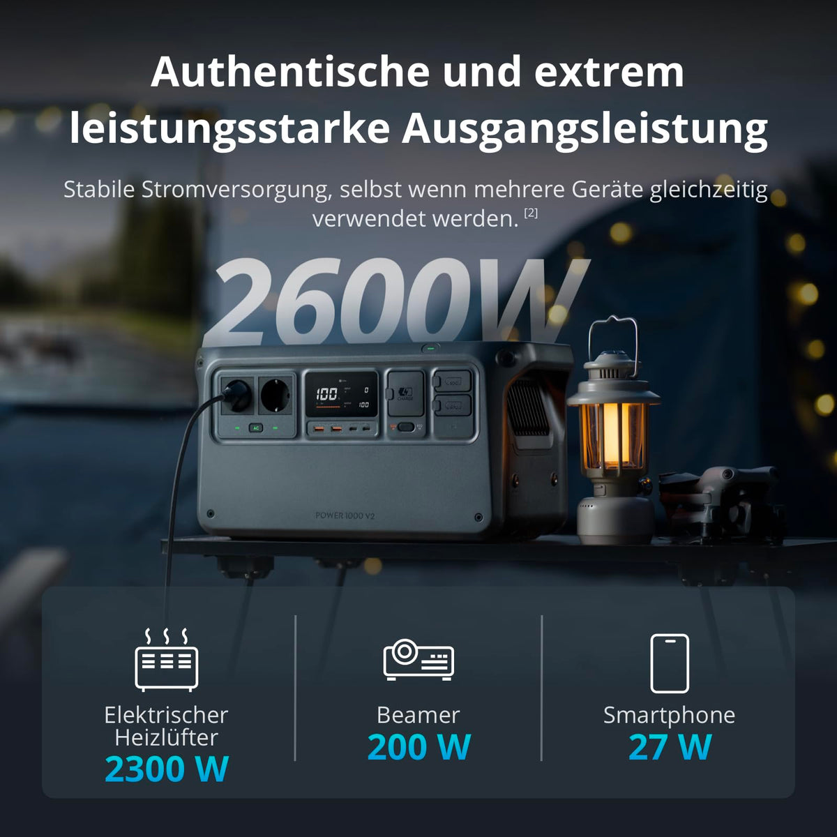 Tragbare Powerstation 1024 Wh LFP-Akku, 2600 W Ausgangsleistung, in 37 Min. auf 80%, 26 dB leise, Schwarz