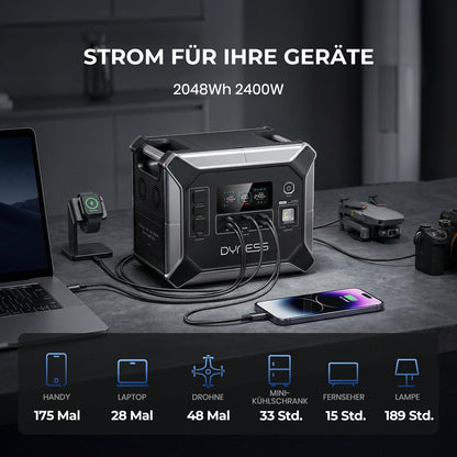 Tragbare Powerstation 2048 Wh LiFePO4, 2400 W Nennleistung, 4800 W Spitze, 16 Ausgaenge, UPS, reine Sinuswelle