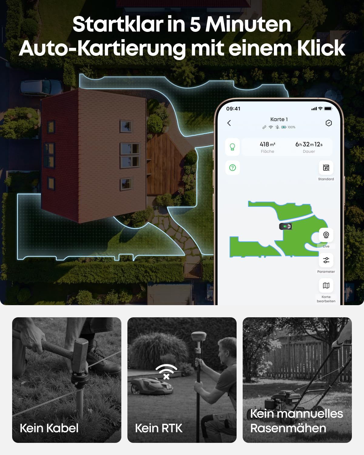 Robotic Lawn Mower without Boundary Wire with Garage, Spare Blades and AI Camera Navigation