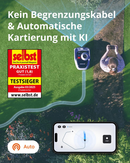 Maehroboter ohne Begrenzungskabel fuer 500 m², RTK und KI-Vision-Navigation, 150+ Hindernisarten, App
