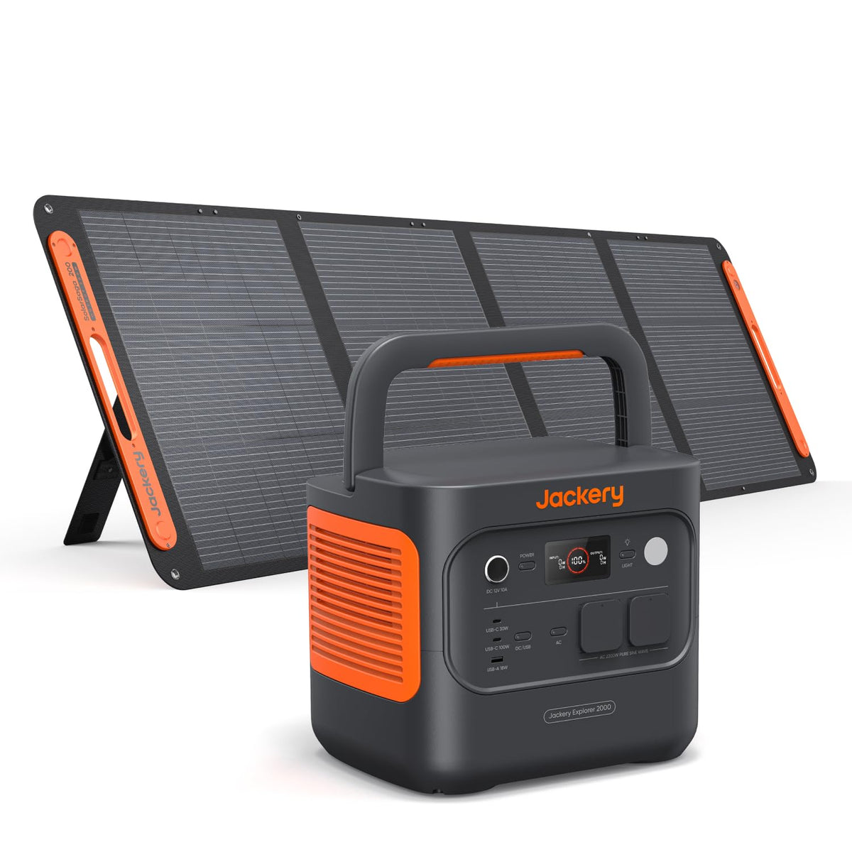 Tragbare Powerstation 2042 Wh mit 200 W Solarpanel, 2200 W Ausgang, 52 Min. Schnellladung, 30 dB, Orange