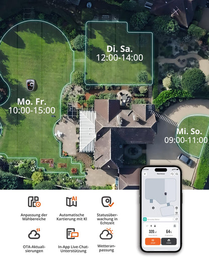 Maehroboter ohne Begrenzungskabel fuer 500 m², RTK und KI-Vision-Navigation, 150+ Hindernisarten, App