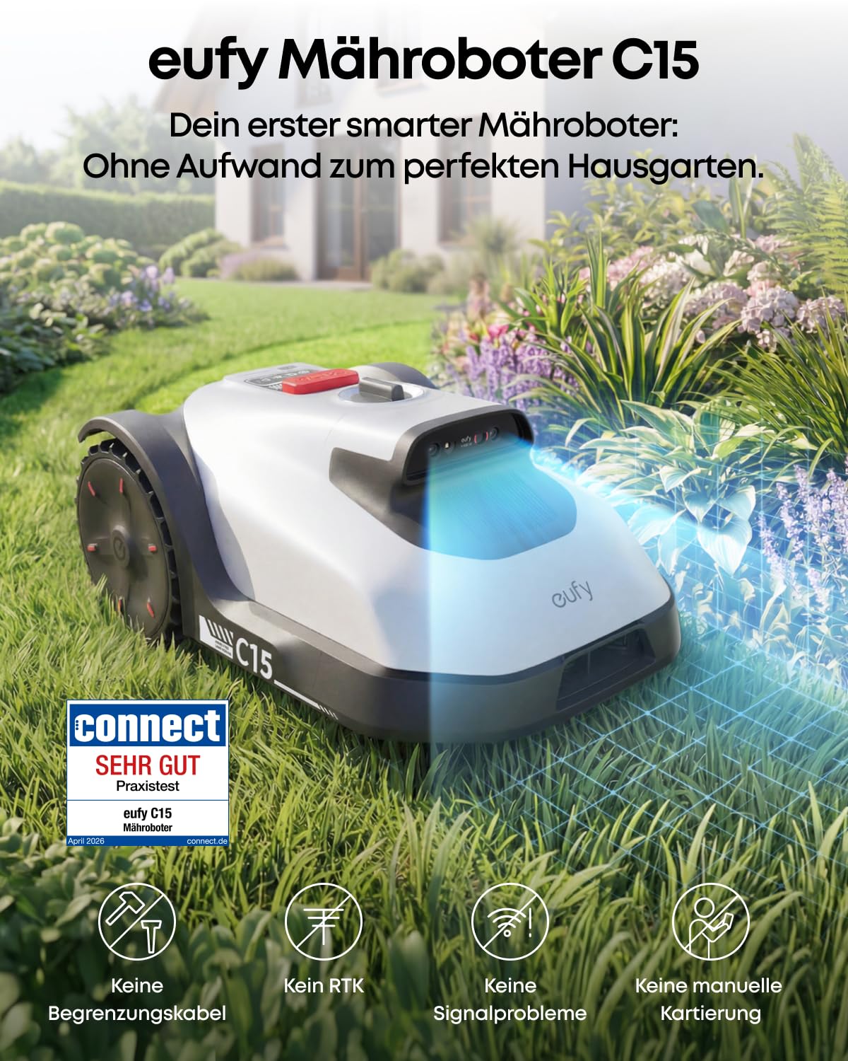 Maehroboter ohne Begrenzungskabel mit Garage und 4G, KI-Kameranavigation, 300 Hindernisarten, 58 dB