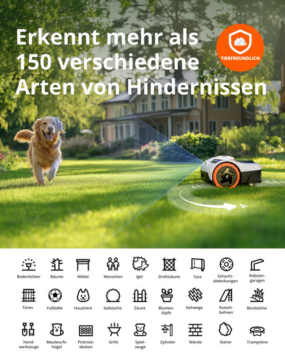 Maehroboter ohne Begrenzungskabel fuer 500 m², RTK und KI-Vision-Navigation, 150+ Hindernisarten, App