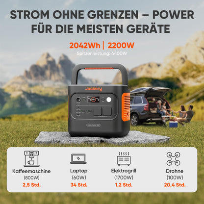 Tragbare Powerstation 2042 Wh mit 200 W Solarpanel, 2200 W Ausgang, 52 Min. Schnellladung, 30 dB, Orange
