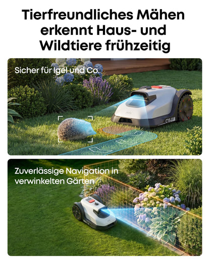Maehroboter ohne Begrenzungskabel fuer Rasenflaechen bis 500 m², KI-Kameranavigation, 58 dB, Grau