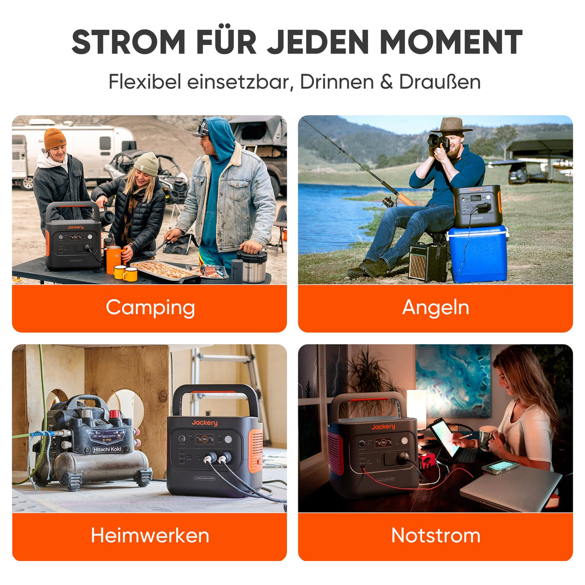 Tragbare Powerstation 2042 Wh mit 200 W Solarpanel, 2200 W Ausgang, 52 Min. Schnellladung, 30 dB, Orange