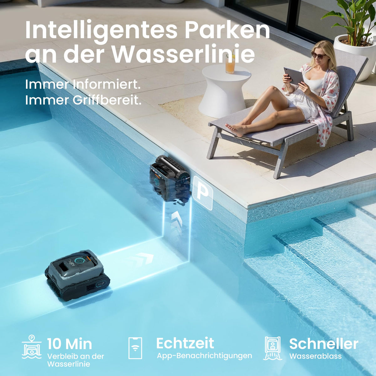 Robotic Pool Cleaner with Wall and Floor Scrubbing, Waterline Parking and Smart Sensor Navigation