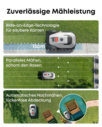 Maehroboter Set mit Garage ohne Begrenzungskabel fuer Rasenflaechen bis 500 m², KI-Kamera, 58 dB, Weiss