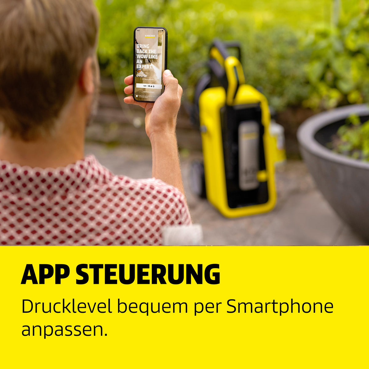 Elektrischer Hochdruckreiniger 180 bar, 600 l/h mit App-Steuerung, Car-and-Home-Kit und 10 m Schlauch, Gelb