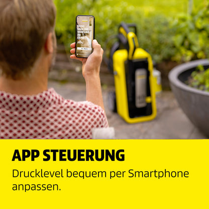 Elektrischer Hochdruckreiniger 180 bar, 600 l/h mit App-Steuerung, Car-and-Home-Kit und 10 m Schlauch, Gelb
