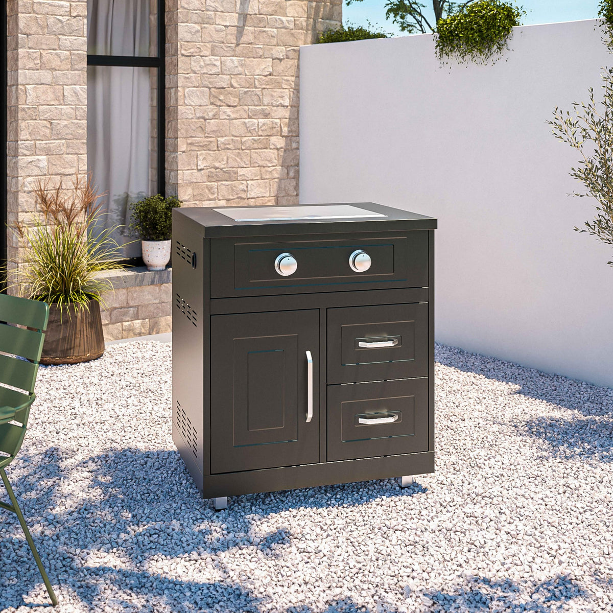 Outdoor-Kueche mit 3 Kochelementen, Edelstahlbezug, verstellbare Fuesse, Geschmackswanne, Schwarz