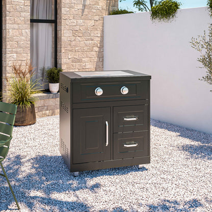 Outdoor-Kueche mit 3 Kochelementen, Edelstahlbezug, verstellbare Fuesse, Geschmackswanne, Schwarz
