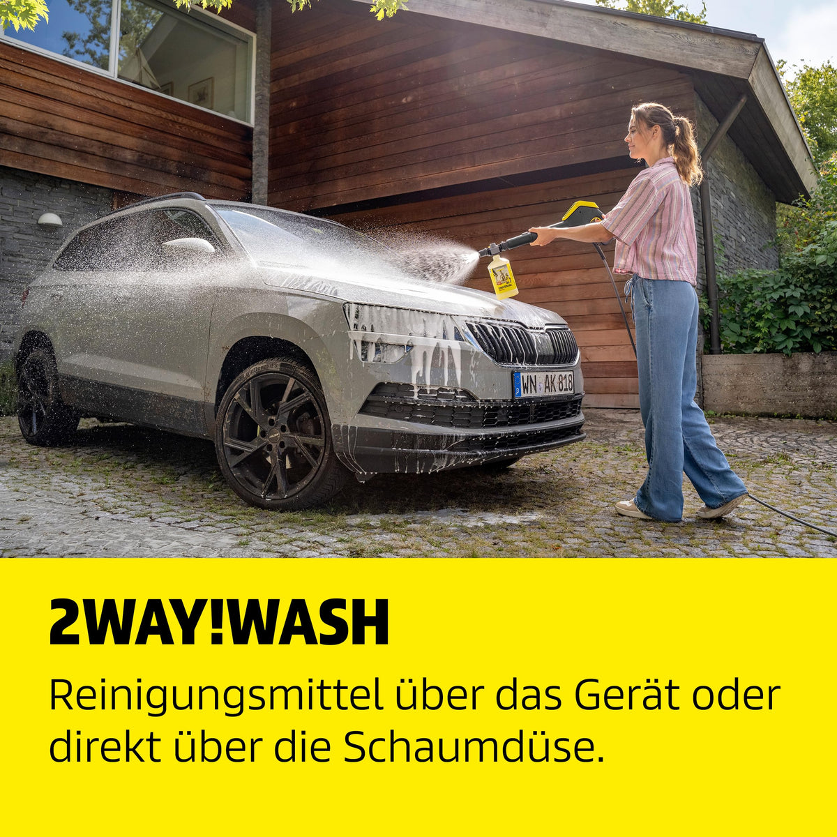Elektrischer Hochdruckreiniger 180 bar, 600 l/h mit App-Steuerung, Car-and-Home-Kit und 10 m Schlauch, Gelb