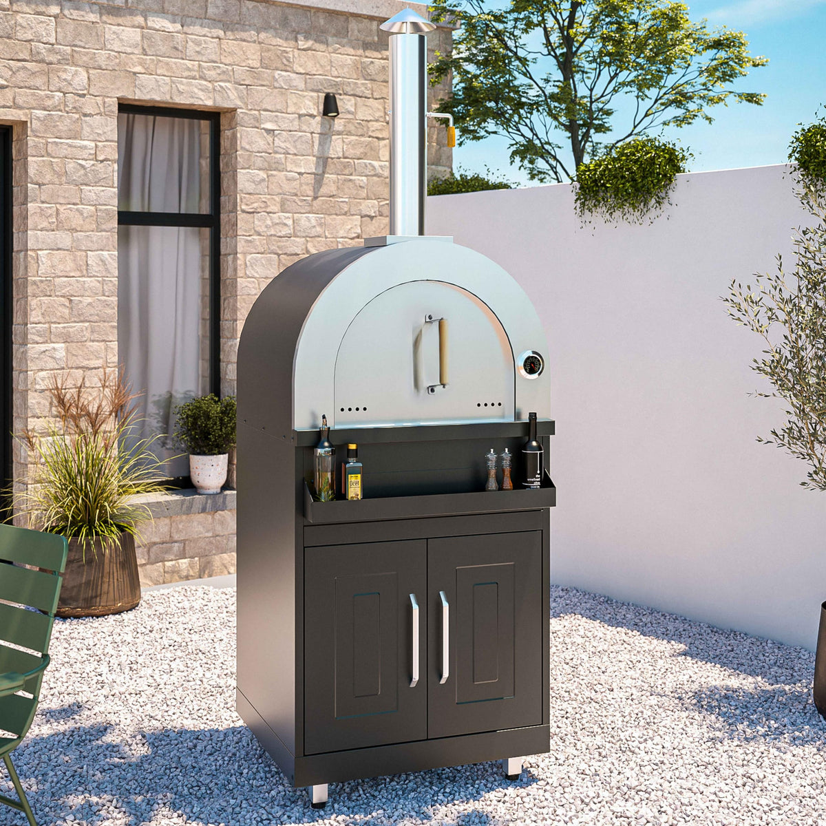 Outdoor-Kueche mit 3 Kochelementen, Edelstahlbezug, verstellbare Fuesse, Geschmackswanne, Schwarz