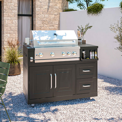 Outdoor-Kueche mit 3 Kochelementen, Edelstahlbezug, verstellbare Fuesse, Geschmackswanne, Schwarz