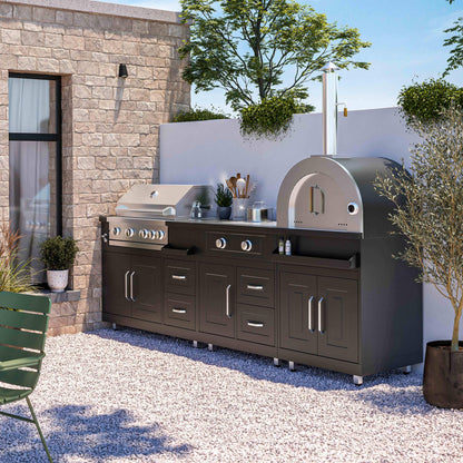 Outdoor-Kueche mit 3 Kochelementen, Edelstahlbezug, verstellbare Fuesse, Geschmackswanne, Schwarz